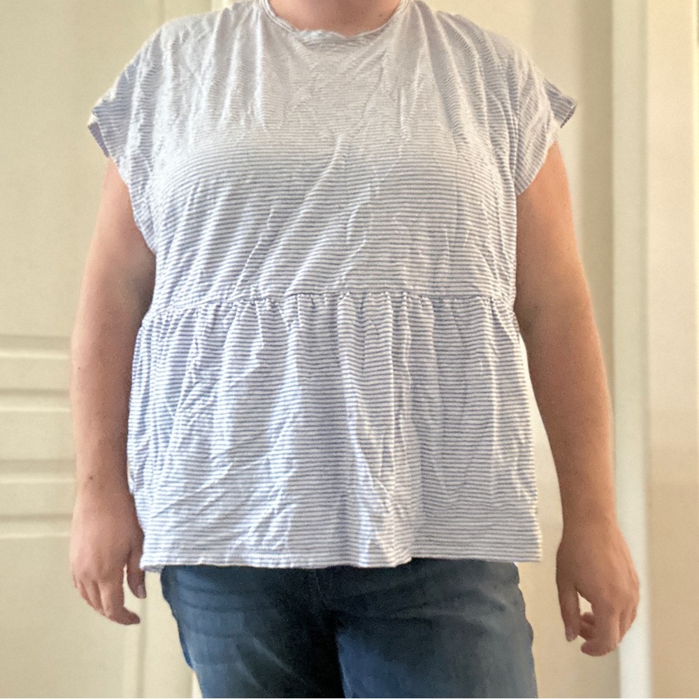 Terra & Sky blue and white striped cotton peplum tee, 3X
